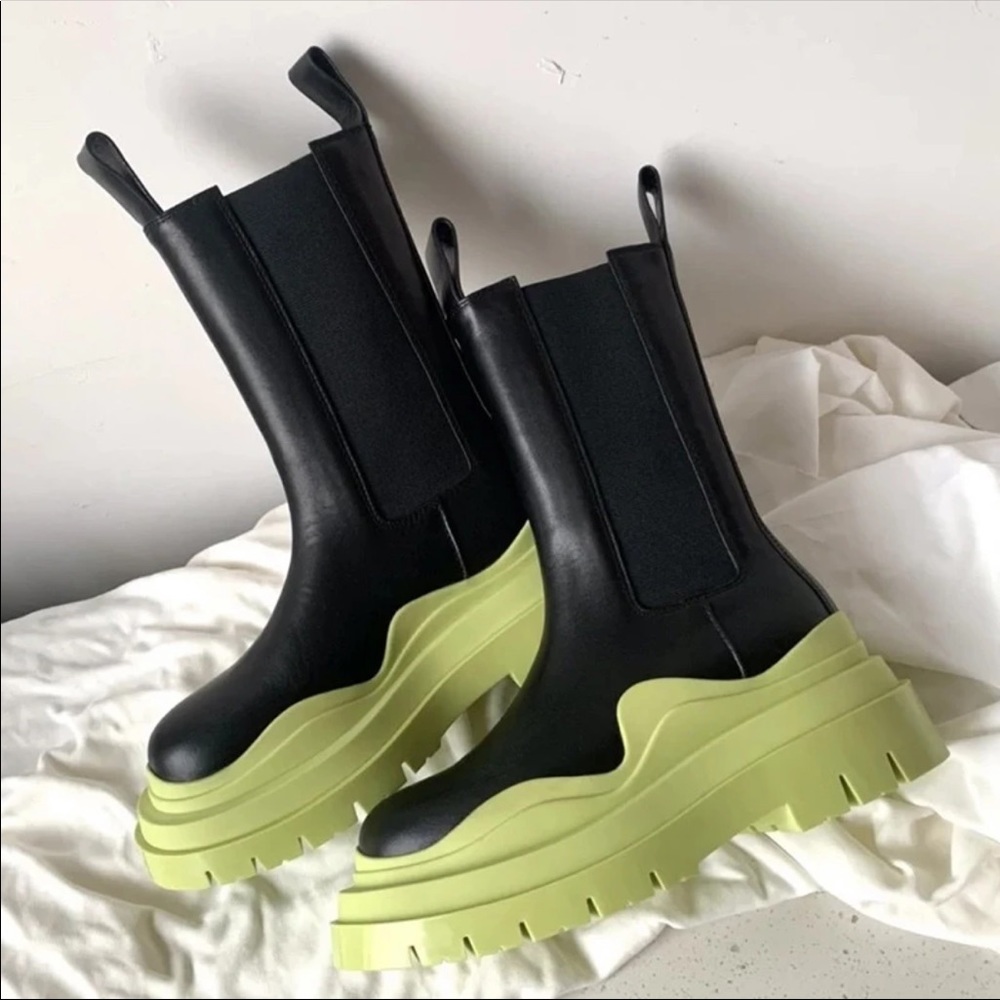 Black chunky lime green combat ankle boots